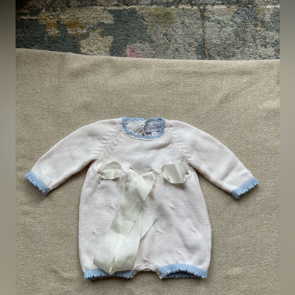 Pukatuka White and Blue Baby Knit Romper with Ribbon Tie Sz 1 Months